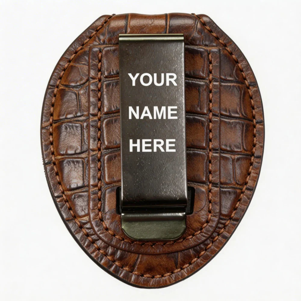 Personalized Genuine Leather Oval Police Badge Holder - C003 Case with Belt Clip & Neck Chain