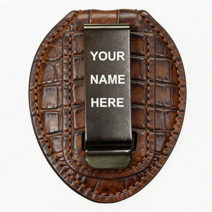 Personalized Genuine Leather Oval Police Badge Holder - C003 Case with Belt Clip & Neck Chain